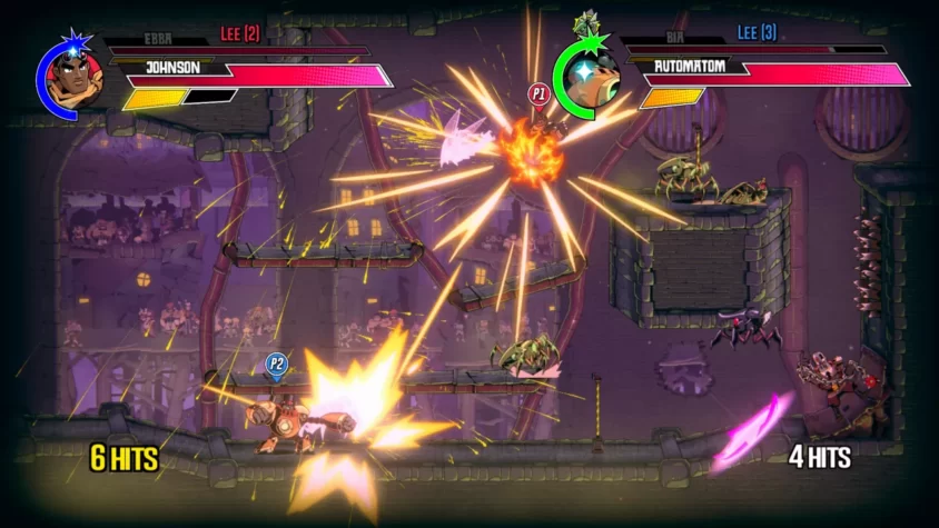 Персонажи сражаются в игре Speed Brawl, окруженные взрывами и спецэффектами