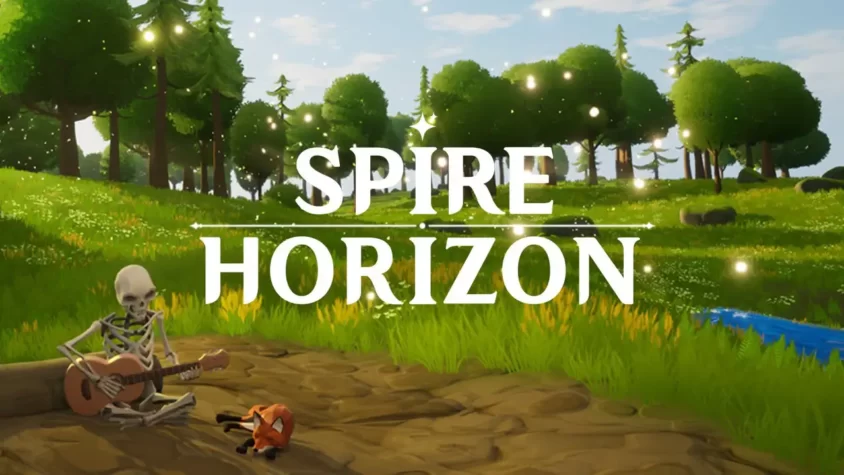 Обложка игры Spire Horizon с костлявым музыкантом и ярким лесом