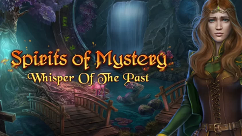 Spirits of Mystery Whisper of the Past - Обложка Обложка игры Spirits of Mystery Whisper of the Past, изображающая загадочный лес с водопадом и героиней в зелёном костюме