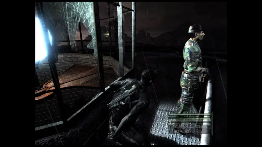 Оперативник Splinter Cell за стеклом, наблюдающий за врагом