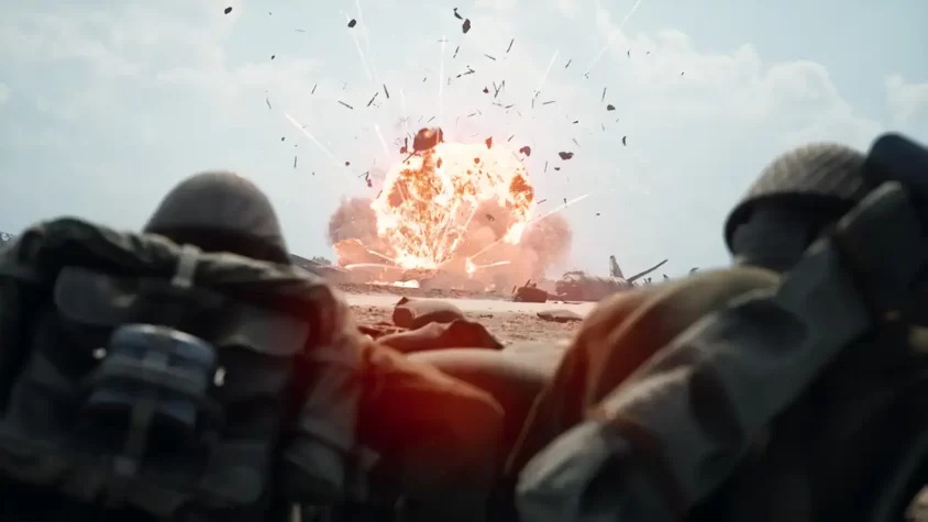 Скриншот игры Squad 44, показывающий момент взрыва на поле боя