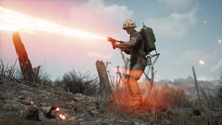 Скриншот игры Squad 44 с солдатом, использующим огнемёт на фоне огненной взрывной волны