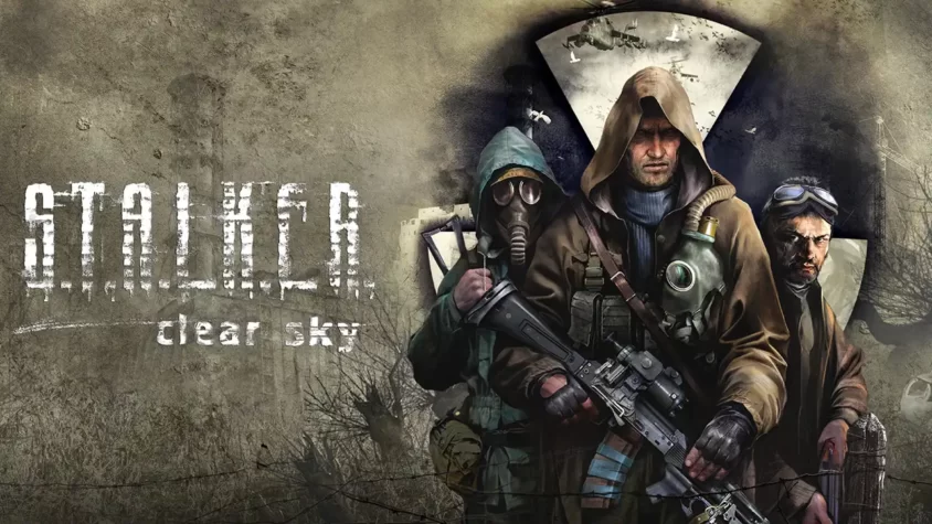Обложка игры Stalker: Clear Sky, три персонажа на фоне разрушенного города