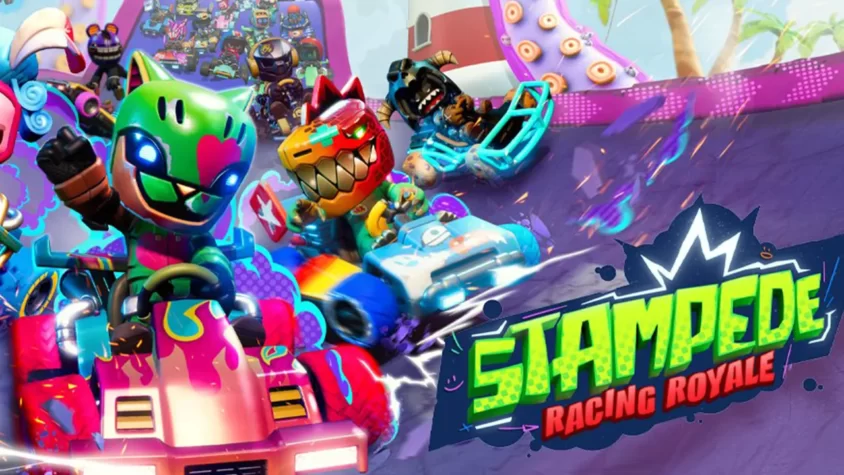 Обложка игры Stampede: Racing Royale с яркими персонажами и гоночными картами