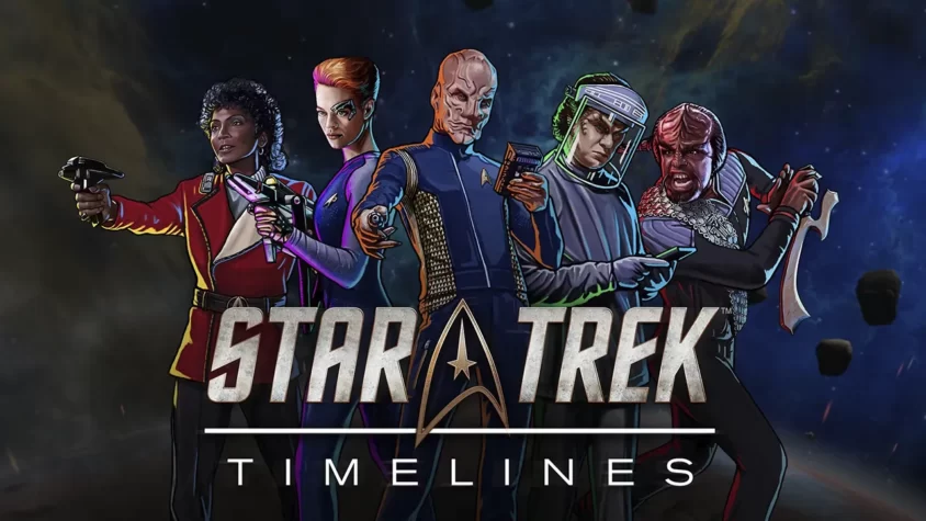 Обложка игры Star Trek: Timelines с персонажами, готовыми к приключениям в космосе