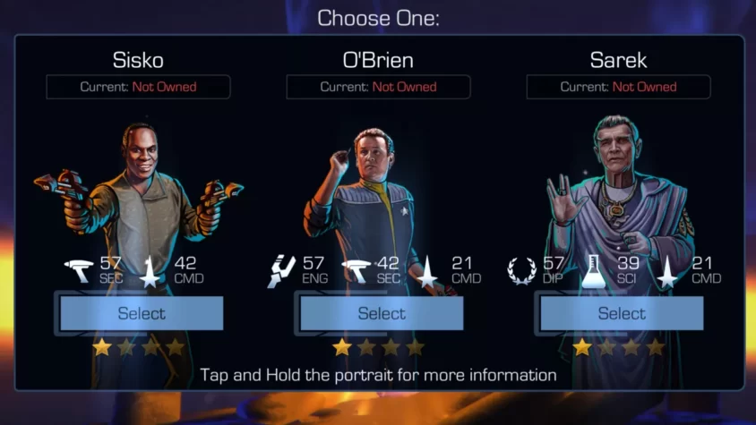 Выбор персонажа в Star Trek: Timelines - Сиско, О'Брайен или Сарек, каждый со своими особенностями