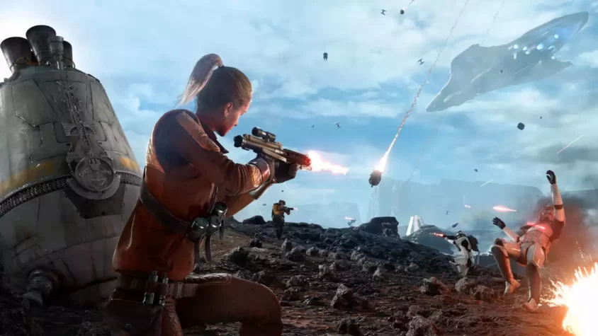 Героиня игры стреляет по врагам на фоне разрушений
