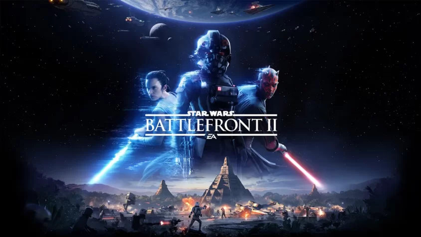 Star Wars: Battlefront II — обложка игры Обложка игры Star Wars: Battlefront II, с героями, световыми мечами и космическим фоном