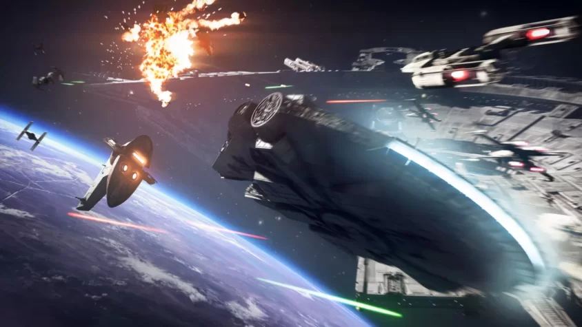 Космическая битва в Star Wars: Battlefront II с участием кораблей и взрывов