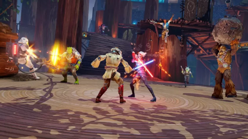 Герои игры Star Wars: Hunters бегут через разрушенную локацию, готовясь к битве
