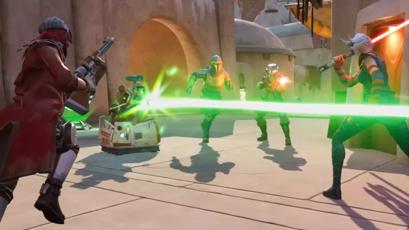 Персонажи сражаются в лесу в Star Wars: Hunters с использованием лазерных мечей и огнестрельного оружия