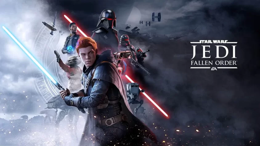 Star Wars Jedi: Fallen Order - обложка Обложка игры Star Wars Jedi: Fallen Order с главным героем, светящимся мечом и противниками в фоне