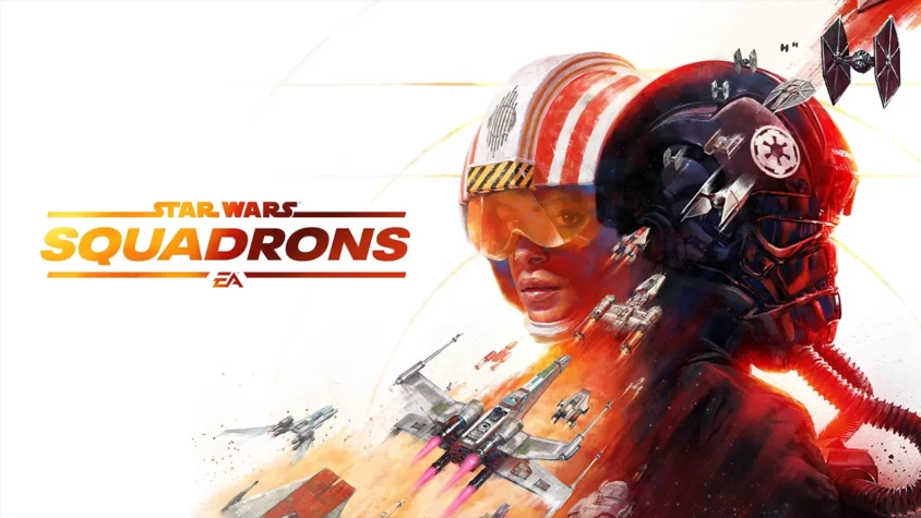 Обложка игры Star Wars: Squadrons с изображением пилота и космических кораблей