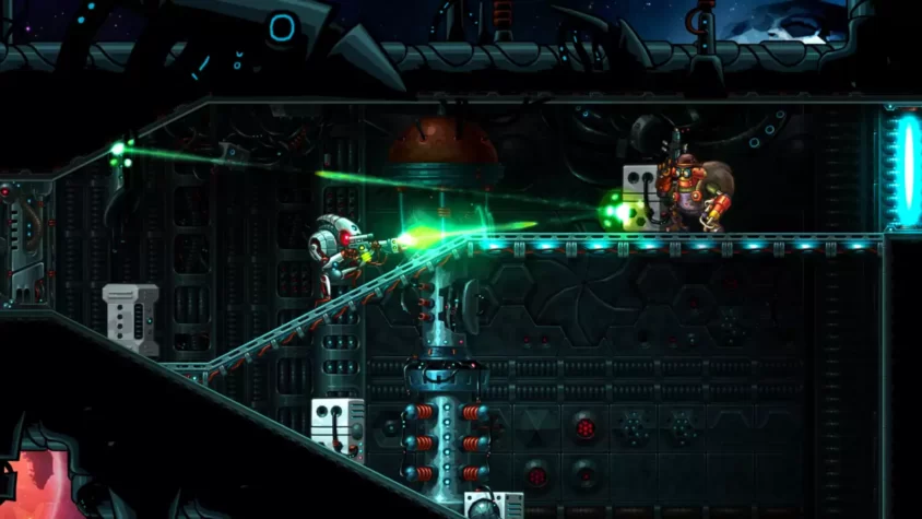 Боевая сцена в игре SteamWorld Heist с лазерами и роботами