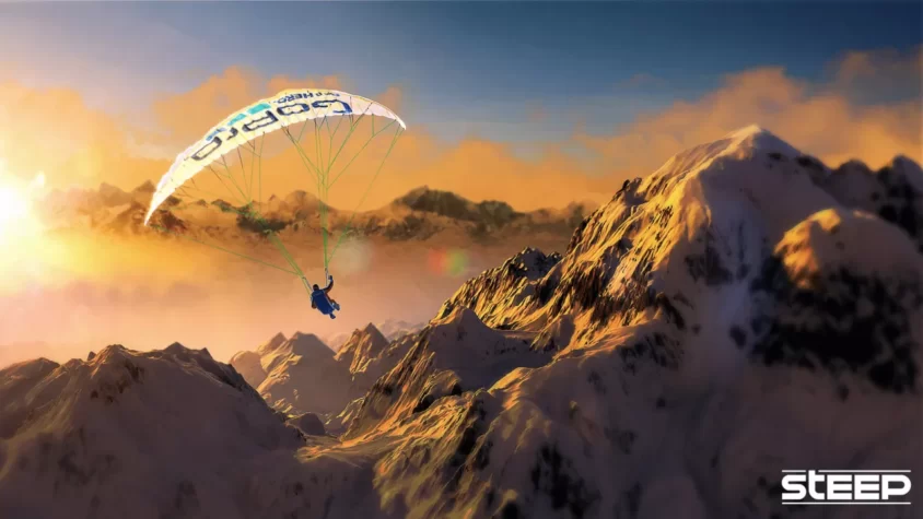 Герой игры Steep, наслаждаясь полетом с парашютом, надеется, что его приземление не станет последним