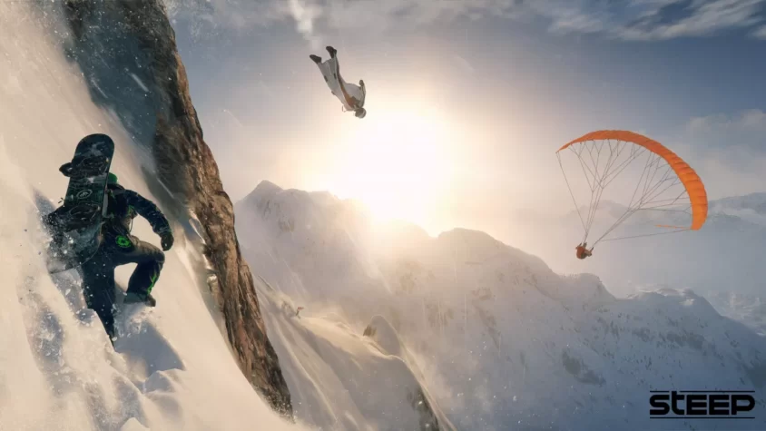 Сноубордист в игре Steep решает, что лучше прыгать с горы, чем спускаться по ней, ведь зачем поехать, когда можно полететь