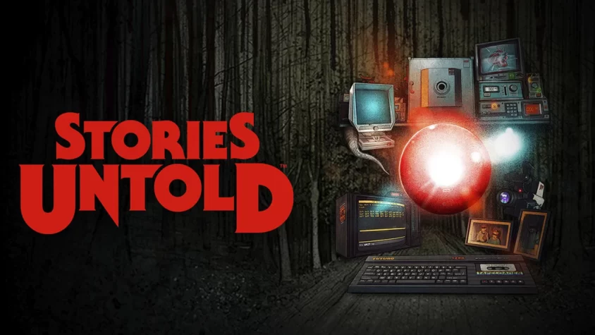 Stories Untold — Обложка игры Обложка игры Stories Untold с элементами ретро-технологий и зловещим фоном