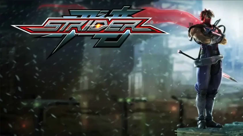 Обложка игры Strider Обложка игры Strider. Герой стоит в динамичной позе с красным платком, готовый к бою.