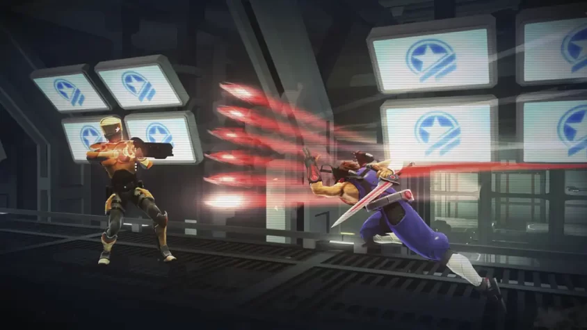 Скриншот из игры Strider, герой использует удар с мечом против врага, окружённого энергией.