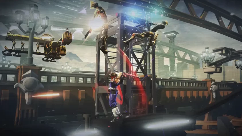 Скриншот из игры Strider, робот-супергерой парит в воздухе, готовый к бою.