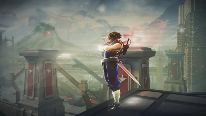 Скриншот из игры Strider, герой в прыжке с мечом атакует врагов на фоне разрушенного города.