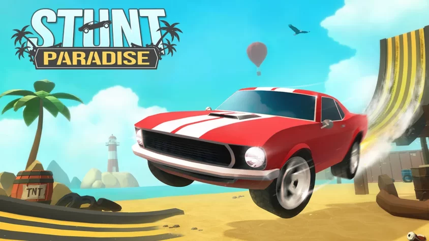 Stunt Paradise – Обложка игры Обложка игры Stunt Paradise с красным автомобилем на фоне пляжа и трюков