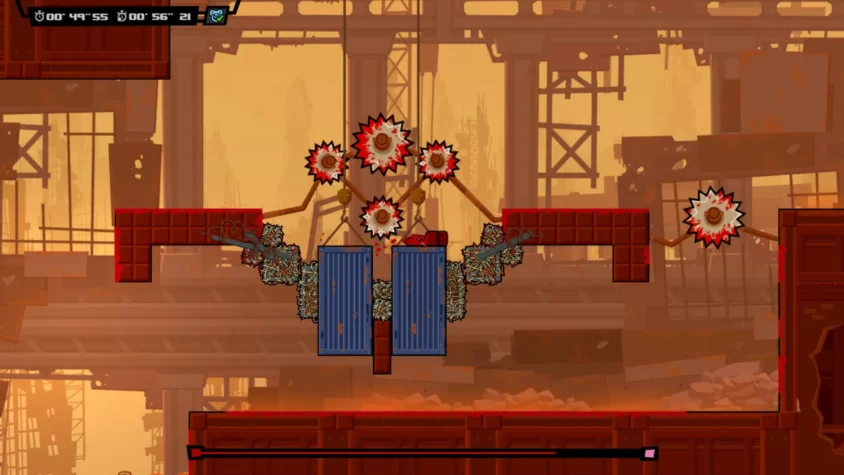 Геймплей из игры Super Meat Boy Forever, где мясной кубик сталкивается с опасными циркулярными пилами на фоне разрушенного города