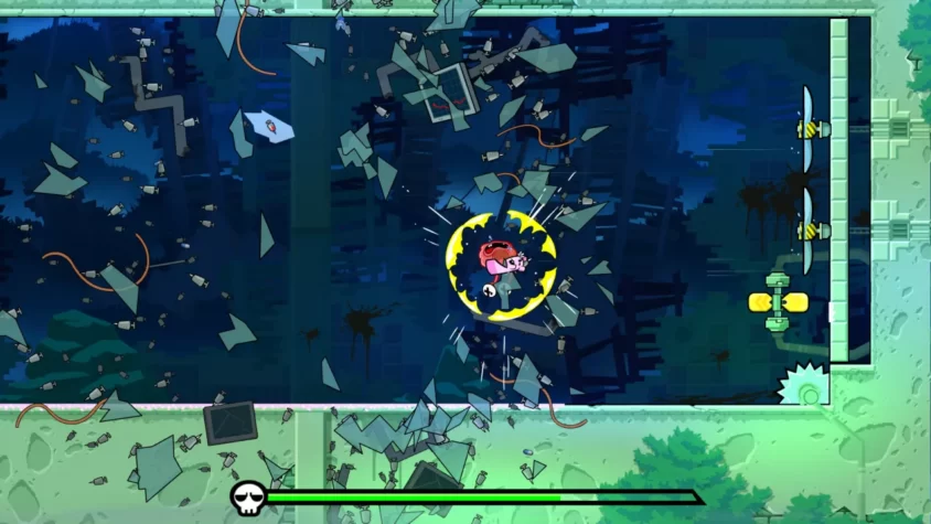 Геймплей из игры Super Meat Boy Forever, где мясной кубик крушит стекло и преодолевает опасности на пути к цели