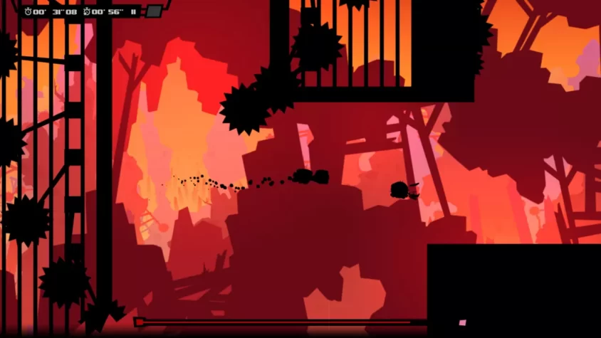 Геймплей из игры Super Meat Boy Forever, где мясной кубик снова сталкивается с пилой на фоне разрушенного мира