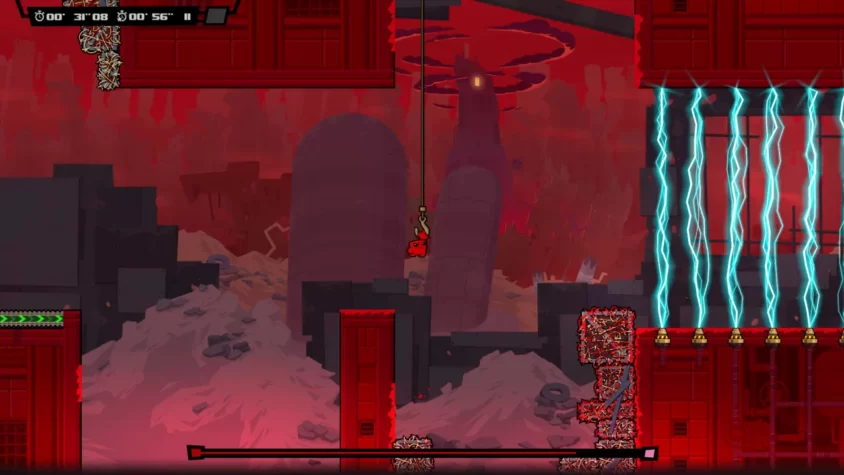 Геймплей из игры Super Meat Boy Forever, где мясной кубик висит на крюке, окруженный электрическими разрядами и разрушенным миром