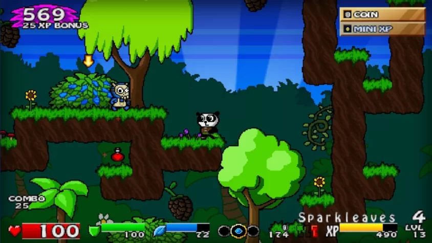 Геймплей из Super Panda Adventures, где панда занимается поисками бонусов в джунглях, явно увлекшись