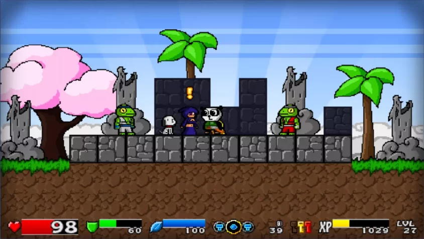 Геймплей из Super Panda Adventures, где панда обсуждает важные вопросы с командой из лягушек и магистром в фиолетовом
