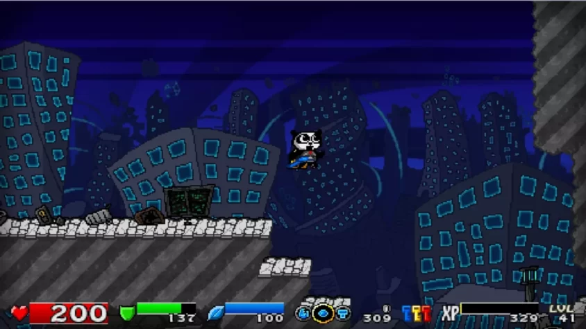 Геймплей из Super Panda Adventures, где панда прыгает по развалинам города, готовая спасти последние куски цивилизации