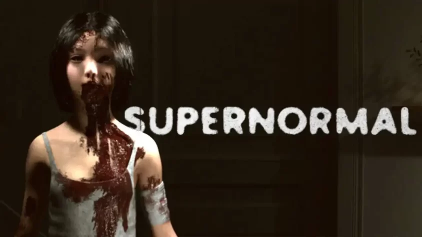 Обложка игры Supernormal Обложка игры Supernormal. Страшное изображение с девушкой, покрытой кровью, на фоне мрачной атмосферы