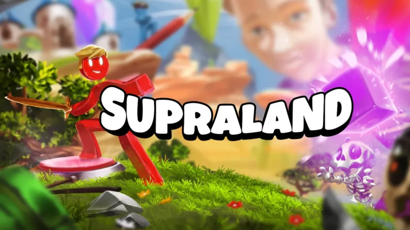 Обложка игры Supraland, где главный персонаж стоит на платформе, готовый к приключению.
