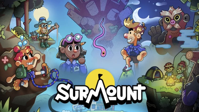 Обложка игры Surmount, изображение с персонажами на фоне природы и странного объекта
