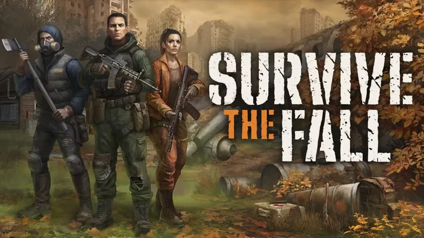 Survive the Fall - Обложка Обложка игры Survive the Fall, на которой изображены два персонажа на фоне разрушенного города