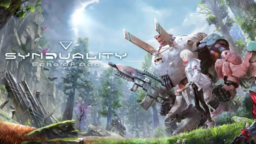 Synduality Echo of Ada - Обложка игры Обложка игры Synduality Echo of Ada, показывающая механического робота и девушку на фоне красивой природы