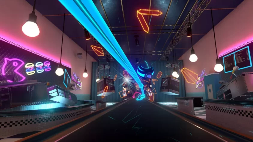 Геймплей игры Synth Riders с неоновыми огнями и динамичными трассами