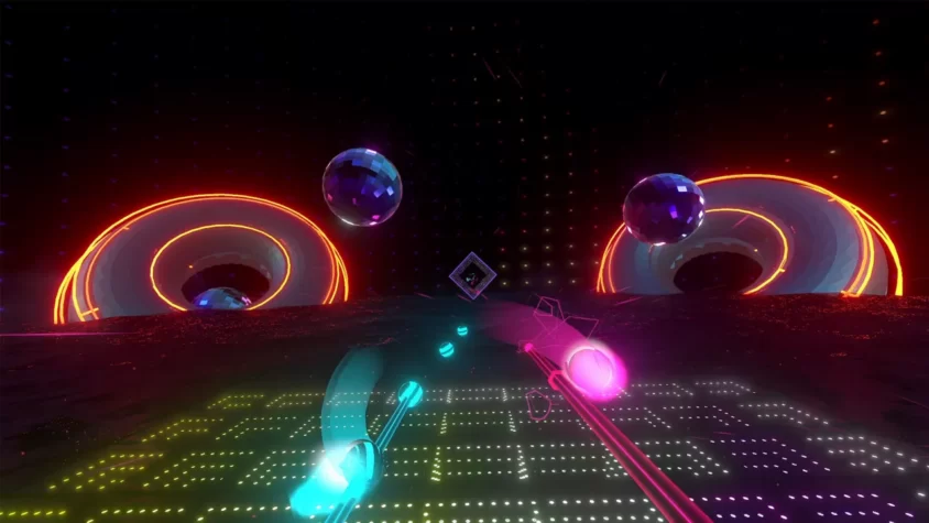 Геймплей игры Synth Riders с яркими неоновыми кольцами и дискотечными шарами