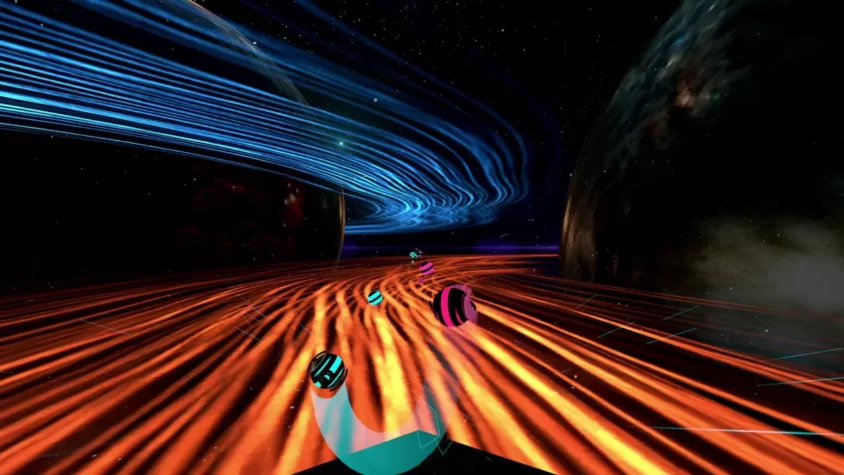 Геймплей игры Synth Riders с яркими трассами и космическими пейзажами