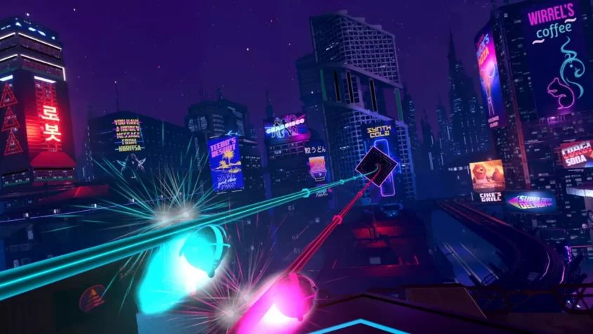 Геймплей игры Synth Riders с неоновыми огнями и рекламными щитами на фоне города