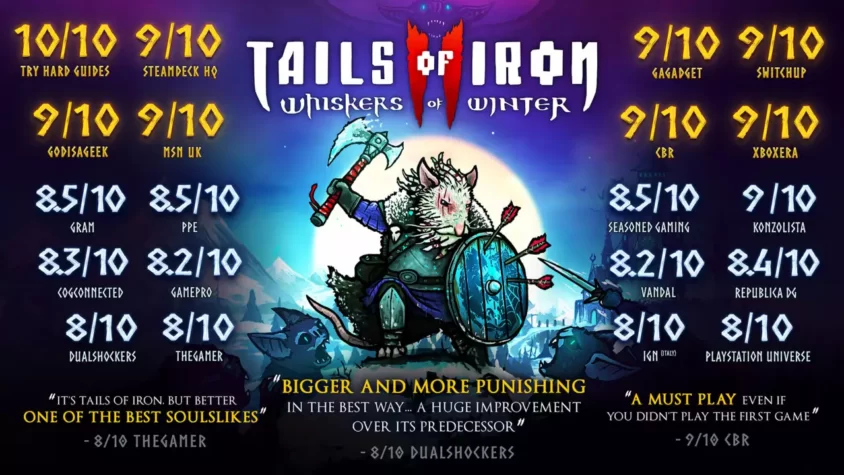 Оценки игры Tails of Iron 2 на фоне зимних пейзажей, с главным героем крысенком в боевых доспехах
