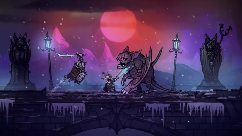 Герой Tails of Iron 2 сражается с гигантским монстром на мосту, снежная атмосфера, фэнтези