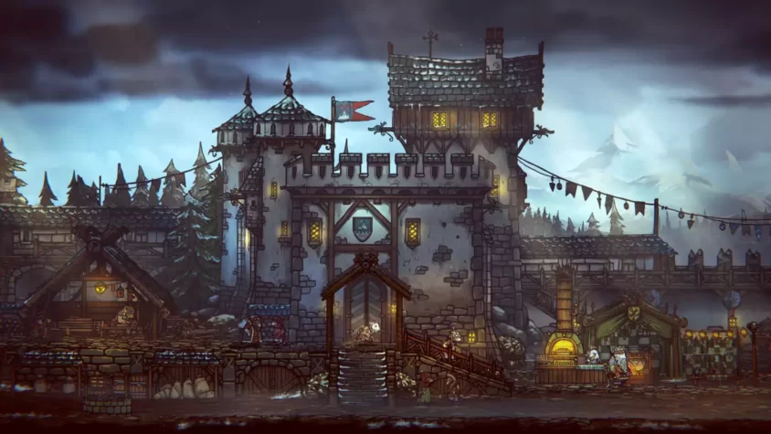 Средневековый город в Tails of Iron 2, с домами, мостами и мирными жителями на фоне темного неба