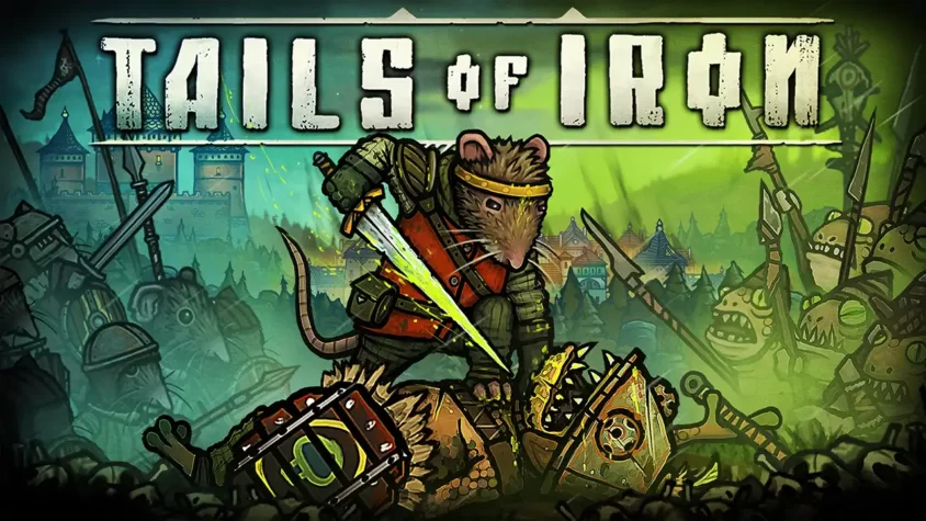 Tails of Iron - Обложка Обложка игры, изображение мыши в доспехах с мечом, на фоне средневекового королевства
