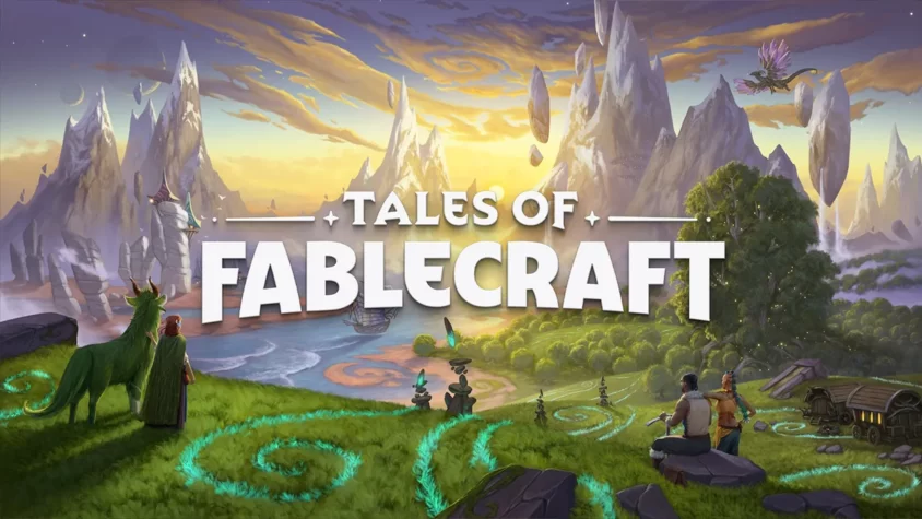 Tales of Fablecraft: Обложка игры Обложка игры, изображение красивых фэнтезийных пейзажей и персонажей на фоне гор