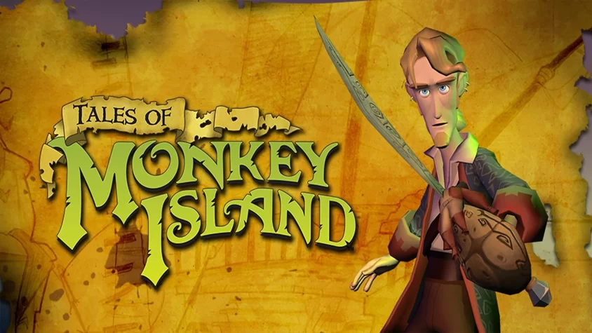 Обложка игры Tales of Monkey Island с главным героем и его саблей