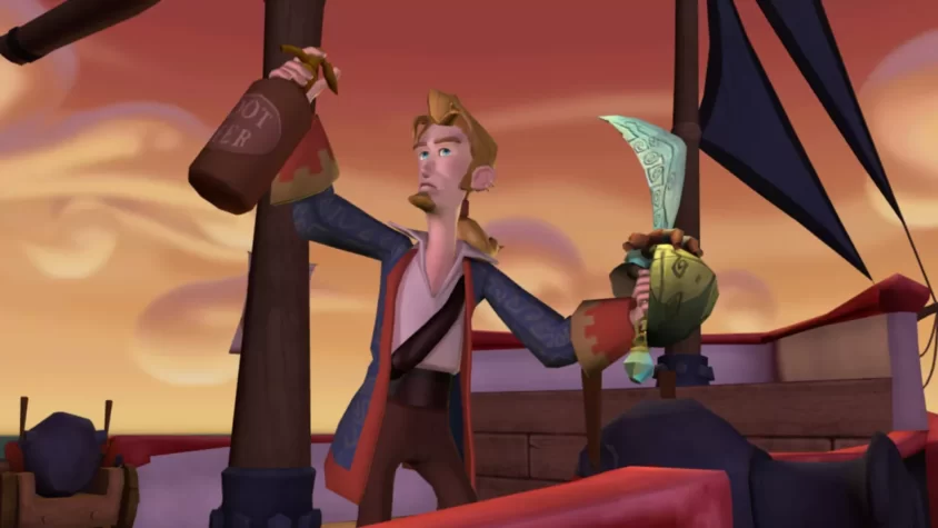 Главный герой с бутылкой и саблей на корабле в Tales of Monkey Island