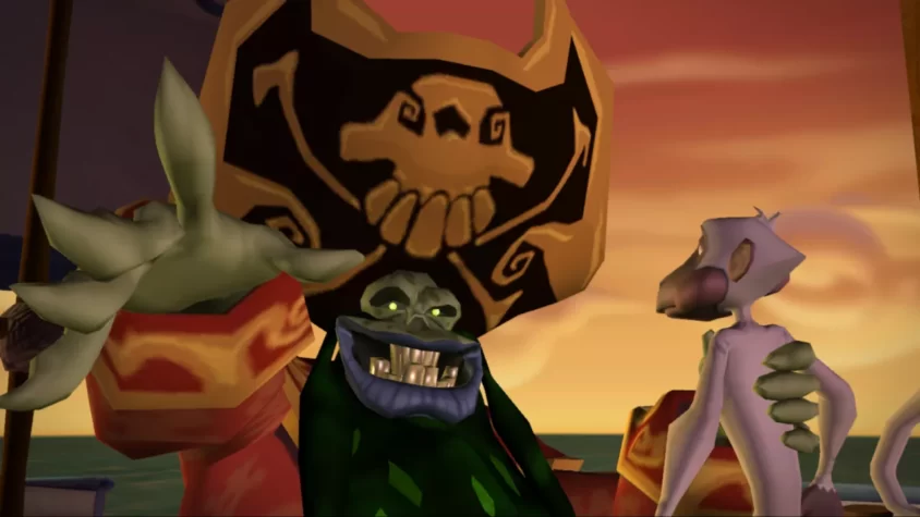 Злые персонажи с пиратским щитом на фоне заката в Tales of Monkey Island